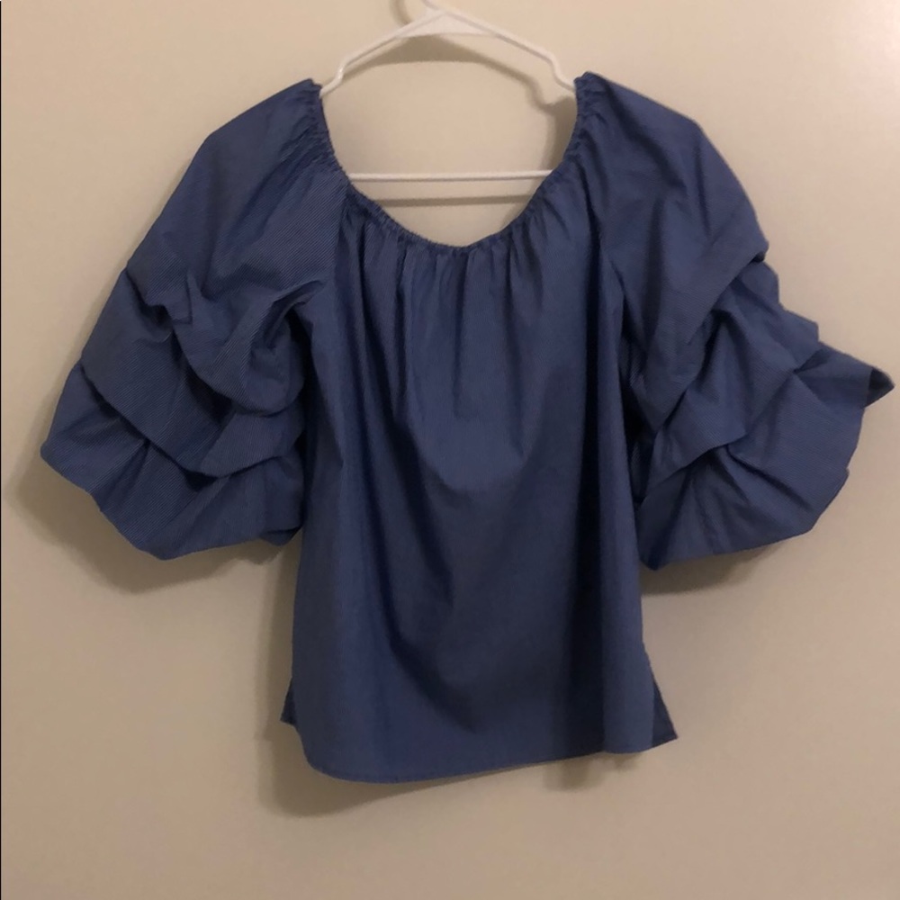 Blue and white striped top with puffed sleeves - Picture 6 of 6